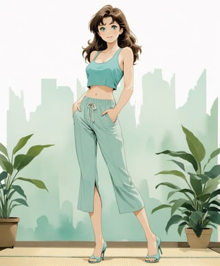 (Cinematic full body Photo:1.3) of (Ultra detailed:1.3) in the style of emotive body language, super pretty female standing in tatami, flirty eyes,(tank top), perfect torpedo breasts, hands on back, camille corot, spreading, spread, bikini bottom, ,cutewave, aquamarine pastel colors, flirty smile , sensual facial expression,Highly Detailed, high heels ,flat design,Flat vector art,linewatercolorsdxl