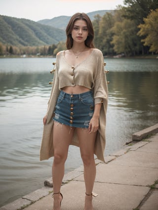 Ultra realistic full body photo of petite  italian female model  modeling upscale dolman sleeve travel inspired grunge knit silk outfit with cool metallic elements zippers buttons clips  in lake,Makeup