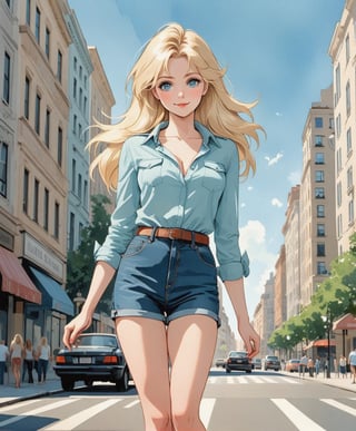 (Cinematic full body Photo:1.3) of (Ultra detailed:1.3) in the style of emotive body language, super pretty blond stright hair female standing in city, flirty eyes,(casual summer clothes), perfect torpedo breasts, hands on back, Claire Gerhardstein, spreading, spread, ,cutewave, aquamarine pastel colors, flirty smile , sensual facial expression,Highly Detailed, high heels ,flat design,Flat vector art,linewatercolorsdxl,Vector illustration