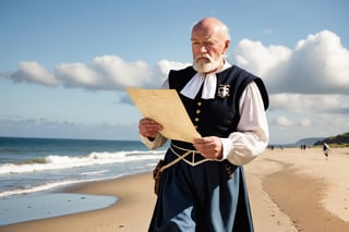 Create a realistic image of (Sir Patrick Spens), a Scottish sailor in Medieval Scotland.  ((He is walking on a beach holding a letter on his hand), he is sad.