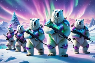 8K,Best quality, masterpiece, ultra-high res, (photorealistic:1.4), Masterpiece, Concept Art, five monsters like polar bears wearing pastel colored helmets and armor and weapon in a wintery scene pink purple blue green northern lights, Christmas theme, 