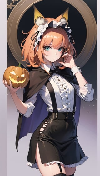 (Detailed illustrations, very detailed and detailed drawings, delicate drawn lines with slow and fast movements, realistic texture expression), [Color-trace main lines], [[Skull Moon] Midnight Graveyard [[Ghost]]],[ HENTAI] kawaii ((anime) Girl (Pretty) 13 years old [SKINNY [morbid]]) (light orange hair [trimmed bangs]) ((magical girl) pumpkin [jack o'lantern]),([bat] head Dress) (Ripped cape full of holes [[Eyeball accessories] Dress shirt (lace (frills) ribbon)] (Suspenders) [Black culotte skirt] [Overknee socks] [[Eye patch bandage plaster]] [Lace fabric: 0.8 ]),Transparency [Soft ambient light: 0.6] Gravure [[Halloween]][Colorful],(Complicated and beautiful decoration [Dense details]),(Detailed and beautiful skin expression [Transparency]),[ Perfect eye details (detailed and beautifully drawn iris)],[Long and beautiful eyelashes: 0.4],[Fine hair details],(Perfect hand details),(Perfect anatomy (well-proportioned perfect proportions)) [Color illustrations that look like pale watercolors] [Visual art that tells a story] [[Natural Eros]].