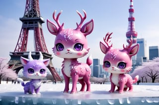 In the ice world in Tokyo city background, tokyo tower,ice building , full body,five medium close-up reveals a charming  purple pink chibi monsters with a multitude of endearing eyes. This realistic photograph showcases an incredible level of deer and cat , inviting the viewer to marvel at the exquisite intricacies of the creature's features. The soft, faded photo adds a nostalgic touch to the already mesmerizing image, enhancing its visual appeal. With its adorable appearance and impeccable clarity in stunning 4k resolution, this remarkable image effortlessly captivates the audience's attention.