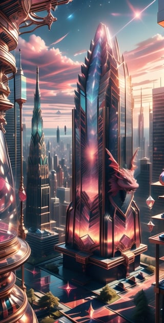 (Extremely detailed CG unity 8k wallpaper), (((Masterpiece))), (((Best Quality))), ((Ultra-detailed)), (Best Illustration), (best shadows), ((an extremely delicate and beautiful)), Dynamic Angle,  A dragon made of psychedelic crystals reflecting different colors on a 100 storied building, crystal dragon on a building in a skyscraper city, (detailed light), cinematic lighting, modern city, night sky, starry sky, ((dragon carving on the skyscraper)), (sketchpad),(Shine), EpicSky, Landscaper, DonMBl00mingF41ryXL, glitter, cinematic