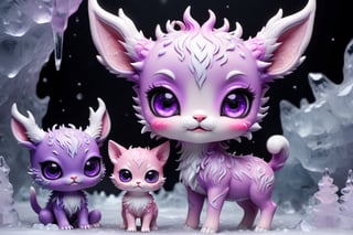 In the ice world in Tokyo city black background, full body,five medium close-up reveals a charming  purple pink chibi monsters with a multitude of endearing eyes. This realistic photograph showcases an incredible level of deer and cat , inviting the viewer to marvel at the exquisite intricacies of the creature's features. The soft, faded photo adds a nostalgic touch to the already mesmerizing image, enhancing its visual appeal. With its adorable appearance and impeccable clarity in stunning 4k resolution, this remarkable image effortlessly captivates the audience's attention.