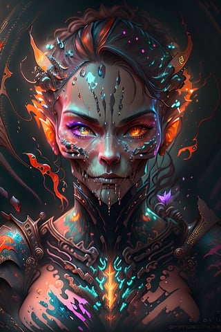 StarCraft Inspired, fantasy concept art in a vivid cinematic style with heavy strokes of paint dripping, complementary colors and perfect face features. This masterpiece is intricately detailed with sharp focus on the supple female form, created using ultra-realistic techniques such as oil painting and watercolor style. The splash screen boasts 16k resolution, hyperdetailed details inspired by artists like Glenn Brown, Carne Griffiths, Alex Ross, Artgerm and James Jean, with atmospheric lighting reminiscent of unreal engine fantastical scenes. This deviantart masterpiece has a neon ambiance complemented by muted colors creating an epic artstation piece perfect for use as a splash arts or tilt-shift camera spotlight, random00, creature00d, orange00d, skull