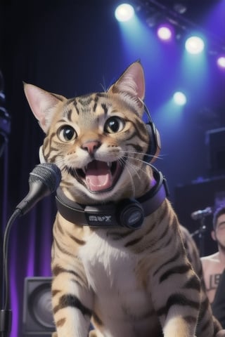funny cat with headphones on stage with a microphone telling jokes in front of the audience