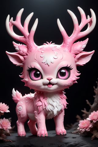 In the midst of a pitch-black background, full body,a medium close-up reveals a charming pink chibi monster with a multitude of endearing eyes. This realistic photograph showcases an incredible level of deer and cat , inviting the viewer to marvel at the exquisite intricacies of the creature's features. The soft, faded photo adds a nostalgic touch to the already mesmerizing image, enhancing its visual appeal. With its adorable appearance and impeccable clarity in stunning 4k resolution, this remarkable image effortlessly captivates the audience's attention.