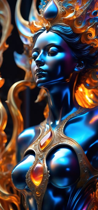 a close up of a statue of a woman, digital art, inspired by tomasz alen kopera, gothic art, intricate skeletal decorations, 8 k highly detailed, beautiful elegant halloween girl with a wizard hat , intricate body, beautiful detail and color, sylvain sarrailh and igor morski, intricate costume design, detailed body, ultra detailed artistic abstract photography of liquid lust, detailed captivating eyes on molten statue, asymmetrical, gooey liquid hair, highly refractive skin, Digital painting, colorful, volumetric lighting, High definition, detailed, realistic, 8k uhd, high quality,A girl dancing ,fire element,DonMCyb3rN3cr0XL 