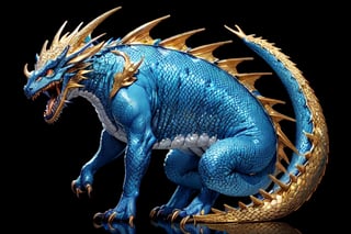 (masterpiece), front shot,(((looking for the viewer))),A Japanese baby cute monster blue golden Gozilla, the image is 8k quality, the dragon has shiny scales and a golden mane,In the simple black background 