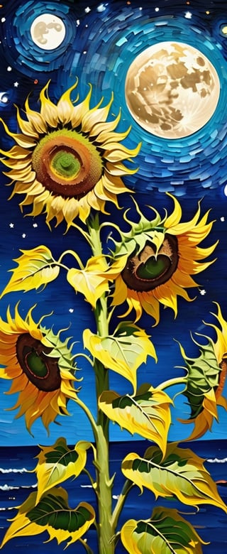 By Van gogh, stars, moon, night,sunflowers in the Japanese vace , oil painting, highly detailed, sharpness, dynamic lighting, super detailing, van gogh starry nights background, painterley effect, post impressionism, ,oil painting, tropical beach