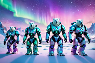 8K,Best quality, masterpiece, ultra-high res, (photorealistic:1.4), Masterpiece, Concept Art, five monsters like polar bears robot wearing pastel colored helmets and armor and weapon in a wintery scene pink purple blue green northern lights, Christmas theme, 