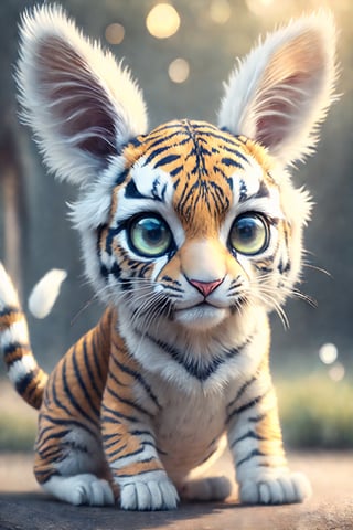 old aged white monster a little like a tiger and a rabbit ear , looking_at_viewer, UHD, 16k, 3D rendering, detailed scales, adorable face and expression, sparkling eyes, playful pose, realistic textures, professional artwork, fantasy art style, background white 