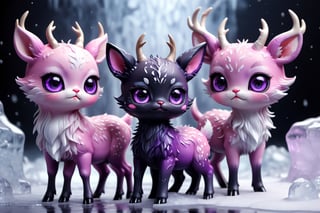 In the ice world in Tokyo city black background, full body,five medium close-up reveals a charming  purple pink chibi monsters with a multitude of endearing eyes. This realistic photograph showcases an incredible level of deer and cat , inviting the viewer to marvel at the exquisite intricacies of the creature's features. The soft, faded photo adds a nostalgic touch to the already mesmerizing image, enhancing its visual appeal. With its adorable appearance and impeccable clarity in stunning 4k resolution, this remarkable image effortlessly captivates the audience's attention.