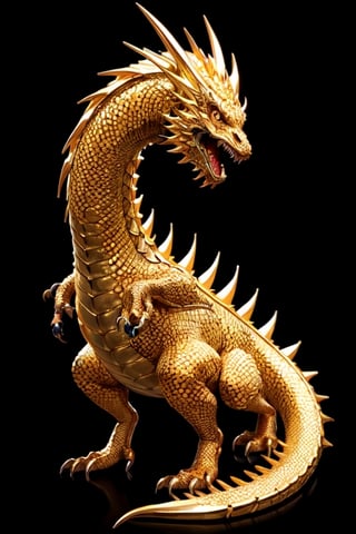 (masterpiece), front shot,looking for the viewer,A Japanese baby cute monster golden Gozilla, the image is 8k quality, the dragon has shiny scales and a golden mane,In the simple black background 