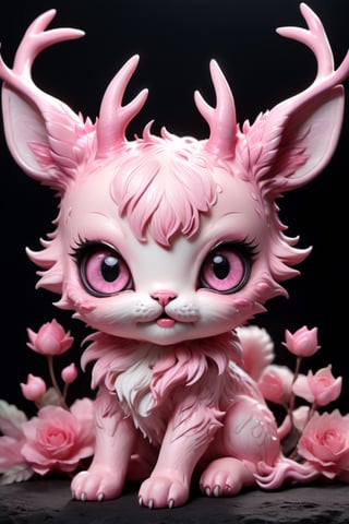 In the midst of a pitch-black background, full body,a medium close-up reveals a charming pink chibi monster with a multitude of endearing eyes. This realistic photograph showcases an incredible level of deer and cat , inviting the viewer to marvel at the exquisite intricacies of the creature's features. The soft, faded photo adds a nostalgic touch to the already mesmerizing image, enhancing its visual appeal. With its adorable appearance and impeccable clarity in stunning 4k resolution, this remarkable image effortlessly captivates the audience's attention.