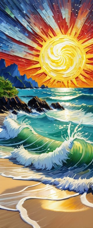 By Van gogh, Sun, wind, a sunny day, oil painting, highly detailed, sharpness, dynamic lighting, super detailing, van gogh starry nights background, painterley effect, post impressionism, ,oil painting, tropical beach