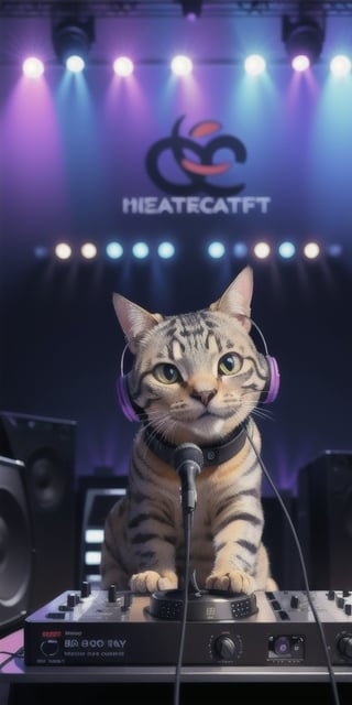 funny DJ cat with headphones on stage with a microphone telling jokes in front of the audience