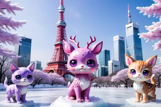 In the ice world in Tokyo city background, tokyo tower,ice building , full body,five medium close-up reveals a charming  purple pink chibi monsters with a multitude of endearing eyes. This realistic photograph showcases an incredible level of deer and cat , inviting the viewer to marvel at the exquisite intricacies of the creature's features. The soft, faded photo adds a nostalgic touch to the already mesmerizing image, enhancing its visual appeal. With its adorable appearance and impeccable clarity in stunning 4k resolution, this remarkable image effortlessly captivates the audience's attention.