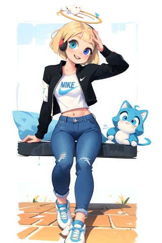 white girl,  thicc,  solo,  upper body,  looking at viewer,  white  background,  bob cut,  (long hair),  heterochromia eyes,  blonde hair,  red lips,  eyeliner, smile, jacket, SAM YANG art style, cute, headsets, blue jeans, hand_up, nike shoes