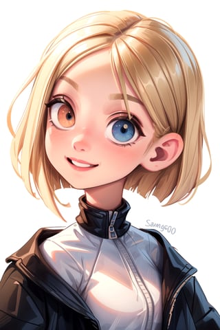white girl,  thicc,  solo,  upper body,  looking at viewer,  white  background,  bob cut, [bows in the hair],  heterochromia eyes,  blonde hair,  red lips,  eyeliner, smile, jacket, SAM YANG art style, cute, portrait-centrate in the portrait-caravaggio style-upscales to 1080p-,