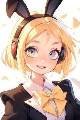 white girl,  thicc,  solo,  upper body,  looking at viewer,  white  background,  bob cut, [bows- black bunny ears in the hair],  heterochromia eyes,  blonde hair,  red lips,  eyeliner, smile, yellow open_blazer, SAM YANG art style, cute, HEADSETS, portrait-centrate in the portrait-caravaggio style-upscales to 1080p-,1 girl