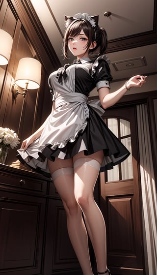 (best quality, masterpiece:1.2), ultra detailed,1girl,short skirt,luxury hotel,from below,nekomimi_maid