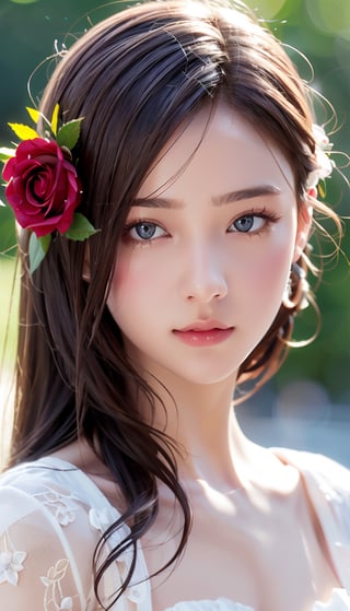 (best quality, masterpiece:1.2),ultra detailed,(photo realistic:1.4),solo,cute girl,(rose corsage:1.1),close up　face,multi_effects,1 girl