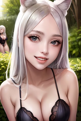 (masterpiece, best quality, glowing light, ultra detailed, detailed background, complex background), (perfect face, detailed face), (mature female, milf:1.3), white eyes, grey eyes, happy, smile, cerberus, multiple girls, long hair, animal ears, 3girls, dog ears, demon girl, triplets, dog girl, tail, fang, demon tail, lingerie, black lingerie(outdoors, garden, thighs, multiple girls, long hair, animal ears, 3girls, dog ears, demon girl, triplets)  ,cerberus