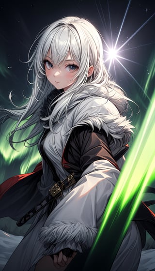 (best quality, masterpiece:1.2),ultra detailed,1girl,long sword,fluffy coat,northern_lights,multi_effects