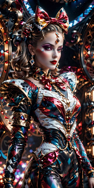  modern harlequin woman with a refined ruby ​​​​bow of 8k quality, the image must be striking and eye-catching, with a photographic style that captures attention, the harlequin must have an elegant and mysterious appearance, with a brightly colored suit and makeup of diamonds, the bow must reflect light and have an intense red glow, the background must be dark and contrast with the harlequin figure, the image must have a resolution of 8k and a high level of detail,vapor_graphic,aw0k euphoric style,Vogue,detailmaster2,Renaissance Sci-Fi Fantasy