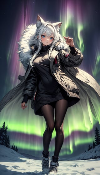 (best quality, masterpiece:1.2),ultra detailed,1girl,fluffy coat,northern_lights