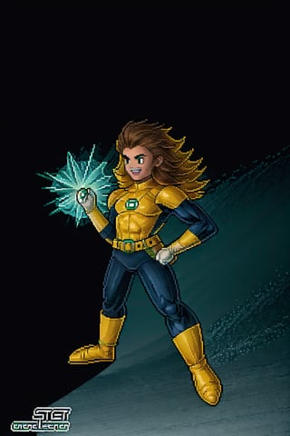 solo, male focus, red eyes, glowing eyes, electricity, muscular, teeth, glowing, superhero, yellow bodysuit, gloves, belt, evil smile, weapon, sword, fur trim, city, energy sword, armor, helmet, power armor, chair, brown background, science fiction, looking at viewer, hand on hip, polearm, black background, black sclera, straight-on, gold armor, realistic, tokusatsu, lightning, gradient,green lantern,chibi