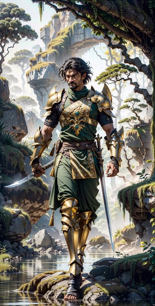An ancient Sri Lankan Warrior, a weathered figure adorned in intricately carved armor and wielding a gleaming obsidian sword, stands atop a moss-covered rock formation overlooking a mist-shrouded emerald jungle. The warrior's eyes, sharp and determined, scan the horizon as the distant sound of cascading water echoes through the dense vegetation. The scene exudes an aura of timeless strength and unwavering resolve, capturing the warrior's connection to the lush, vibrant environment. Golden sunlight filters through the leaves, casting dappled shadows that dance across the warrior's weathered features, embodying a sense of noble courage.