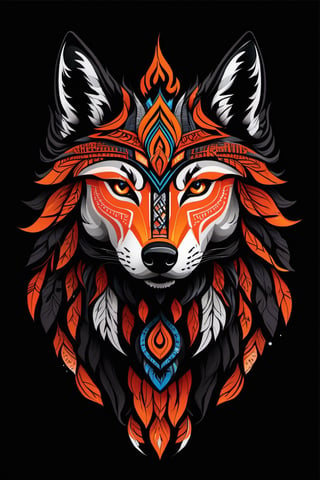 Tribal Spirit animals: tribal art, featuring a intricately detailed spirit animal Fire Wolf. cute, powerful, mysterious, high contrast, The design incorporates geometric patterns and bold linework to create a striking and powerful composition. Black background, 8k, ready to print illustration of hand drawn hawk, simple vector, black white orange, few colors and many shades, clean and sharp lines