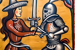 A very beautiful asian girl, wearing a Mexican mariachi suit and hat, sword fighting against a medieval knight in full armor. side perspective, medieval painting art. grain texture on canvass. full body