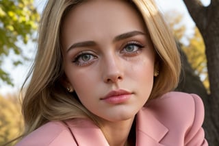 A very cute blonde girl, pouting, tears running down from her eyes. Wearing an elegant, pink business suit, a red miniskirt and high heels.  Flat chest. Sitting below a tree in a park. Crying. Golden hour. Vibrant colors. Full body. cinematic lighting. Upside perspective. Very realistic. best quality, masterpiece, photorealistic, high resolution, 8K raw photo, 1girl,m4d4m,Detailedface,b3rli,arshadArt, medium distance perspective,Realism,Detailedeyes,anamr