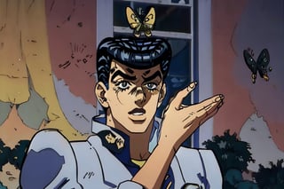 A white man with black hair, pompadour haircut, wearing a black high school japanese uniform, holding a palm up in the air, toward a butterfly flying in front of him. Background of a park. hyper realistic, high detail. Josuke Higashikata. Jojo's Bizarre Adventure. Golden hour, cinematic light. (is this a pigeon?),1boy