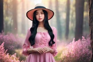 Highly detailed, High Quality, Masterpiece, beautiful. A cute girl, long black hair, distracted look, wearing a pink dress and a hat, standing in a forest. photo r3al