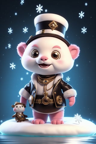 photo of an 3 d otter wearing a top hat and monocle masterpiece,ultra realistic,32k,extremely detailed CG unity 8k wallpaper, best quality,(winter day ),lady ,necklace ,eardrop, Bora Bora, French Polynesia, ( Bronze Incorporating metallic accents ) , Pastel pink hair messy hair ,
