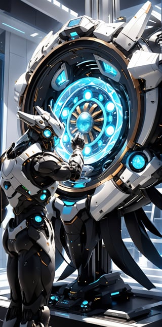 A futuristic laboratory scene: Unctus, a brilliant scientist, stands in front of a sleek console, hands grasping the handles of the Cytoplast Manipulator, a device emitting a soft blue glow. The Grand Metatect, a massive crystal structure, looms in the background, its facets reflecting the warm lighting of the room. Unctus's eyes are fixed intently on the screen as he manipulates the device, surrounded by a halo of concentric rings and swirling energy.
