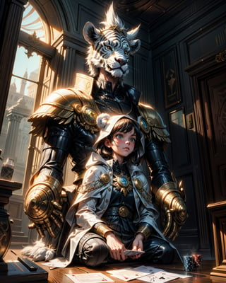 2 animals playing cards, one zebra, one bear, highly detailed beautiful, by gregory manchess, james gurney, james jean the futuristic pentagon temple of transcendence highly ornate, metaphysical utopia, dodecahedron stargate portal, futuristic wizard in gold robes. parallax poster composition, 8 k highly detailed high contrast and sharp oil painting by marc simonetti and caspar david friedrich, trending on artstation