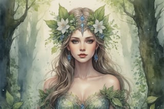 a drawing of a beautiful woman dressed in flowers and leaves standing in an enchanted forest, high fantasy, elegant, epic, detailed, intricate, pencil and watercolor, concept art, realistic detailed face, smooth, focus, rim light, @ umespiao pinterest | | rob saved to rpg female character