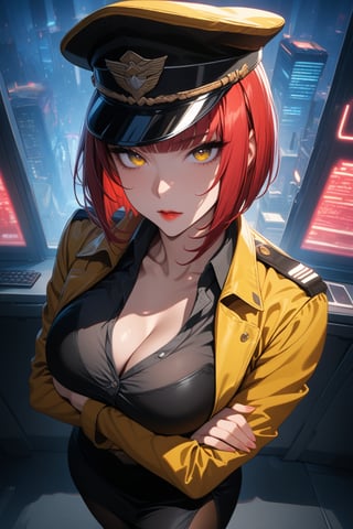 masterpiece, best quality, absurdres, very aesthetic, ((she judging you silently)), 1girl, solo, milf, looking at viewer, red hair, short hair, bob haircut, hime_cut, round face, yellow eyes, large breasts, standing, emotionless expression, [red lips:0.4], cleavage, yellow jacket, long jacket, black shirt, pantyhose, black pencil skirt with side slit, ((military_uniform, military hat)), 8k UHD, arms_crossed, niji6, ((male POV)), head tilted right, ((close up to you, from above)), BREAK, masterpiece, best quality, window, office room, night, cyberpunk city, neon light, computers, indoors