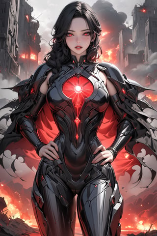 (High detailed, masterpiece, best quality, 8K, highres, absurdres:1.2), illustration, fantasy, glowing, apocalypse, looking at viewer, 1girl, ((bite lips seductively)), (mole_under_mouth), hands on hips, black hair, ((glowing red eyes)), black intricate armor, black aura, ((cowboy shot)), scenary, hourglass body, ((beautiful eyes detailed:1.2)), niji5, Reality Quest style,more detail XL