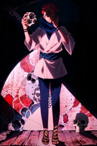 masterpiece,high quality,solo, , RyomenSukuna,1man, blue scarf,japanese clothes,white kimono,wide sleeves,long sleeves, obi, tabi,zouri, hell,shadow,shadowed face,skull,animal skull,red background,