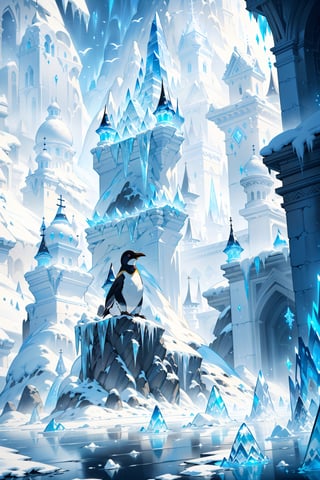 vibrant colors, female, masterpiece, sharp focus, best quality, depth of field, cinematic lighting, ((solo, landscape )), (illustration, 8k CG, (extremely detailed), masterpiece, ultra-detailed, **Title:** "Ice Cream Kingdom"

The painting offers a magical glimpse of a frozen landscape, where ice dominates the scene in all its forms. Immense spikes of ice rise towards the sky, creating a surreal and majestic perspective. In the distance, frost-carved buildings stand like monuments in the frozen earth.

The penguins move gracefully through the frozen water, creating a fascinating contrast between their dark plumage and the surrounding ice world. The sunlight reflects on the frozen surfaces, creating plays of light and shadow that make the landscape even more evocative.

In this "Frozen Kingdom", the coldness of the environment mixes with the disturbing beauty of the ice, transmitting a sensation of quiet and majesty typical of a world where the cold reigns supreme.