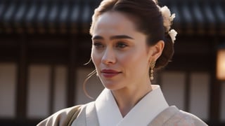 Photorealistic, half body portrait of Emilia Clarke, embodying traditional Japanese style, looking forward,wearing authentic Japanese attire, adorned with classic Japanese hairstyles and makeup, and placed on the charming streets of Japanese, complete with relevant accessories that capture the essence of Japanese fashion and culture ,Movie Still,photo up,light smile, masterpiece, highly detailed , ultra realistic, perfect anatomy, 32k UHD resolution, best quality, highres, realistic photo, professional photography,cinematic angle, cinematic lights,photo r3al,Wonder of Beauty
