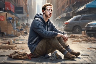 ultra-detailed, Mark Zuckerberg as a homeless person, sad face, disappointed, torn clothes, dirt on body, sitting on sidewalk, new york streets in background, ultra realistic face, intricate facial details, pores, hairs, dangerous, angry, violent, agressive, (extremely intricate:1.3), (realistic), high-quality cell-shaded illustrations, dynamic pose, high contrast, vibrant, cyberpunk, hyperrealistic, futuristic, perfect anatomy, centered, freedom, soul, approach to perfection, cell shading, 4k, cinematic dramatic atmosphere, watercolor painting, global illumination, detailed and intricate environment, art station, concept art, fluid and sharp focus, volumetric lighting, cinematic
