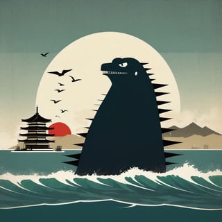 Godzilla coming out of sea with japan in the background, style of Federico Babina